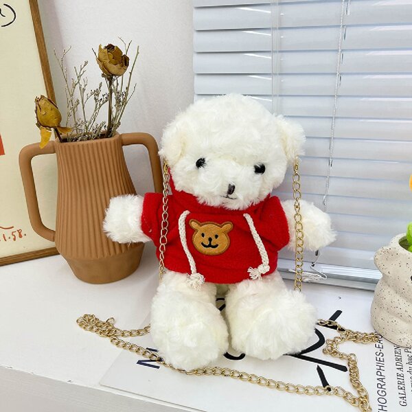 

Cartoon Bear Design Fluffy Chain Crossbody Bag, Red and white