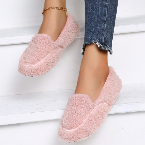 

Minimalist Fluffy Flat Loafers, Pink