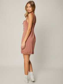 SHEIN Váy ngủ & áo ngủ Nữ viền lá sen Thắt nơ trước màu trơn Gợi cảm - Gỗ đỏ - Xem 2