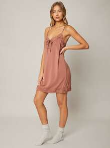 SHEIN Váy ngủ & áo ngủ Nữ viền lá sen Thắt nơ trước màu trơn Gợi cảm - Gỗ đỏ - Xem 3