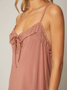 SHEIN Váy ngủ & áo ngủ Nữ viền lá sen Thắt nơ trước màu trơn Gợi cảm - Gỗ đỏ - Xem 4