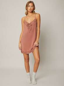 SHEIN Váy ngủ & áo ngủ Nữ viền lá sen Thắt nơ trước màu trơn Gợi cảm - Gỗ đỏ - Xem 5