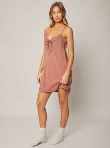 SHEIN Váy ngủ & áo ngủ Nữ viền lá sen Thắt nơ trước màu trơn Gợi cảm - Gỗ đỏ - Xem 6