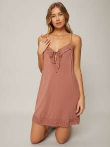 SHEIN Váy ngủ & áo ngủ Nữ viền lá sen Thắt nơ trước màu trơn Gợi cảm - Gỗ đỏ - Xem 7