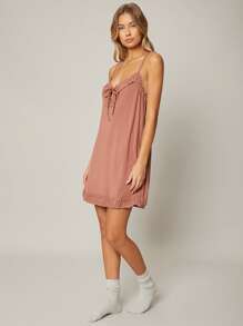 SHEIN Váy ngủ & áo ngủ Nữ viền lá sen Thắt nơ trước màu trơn Gợi cảm - Gỗ đỏ - Xem 8