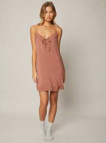 SHEIN Váy ngủ & áo ngủ Nữ viền lá sen Thắt nơ trước màu trơn Gợi cảm - Gỗ đỏ - Xem 10