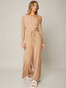 SHEIN 粘膠纖維不對稱領連身褲 - 杏色 - 查看 1