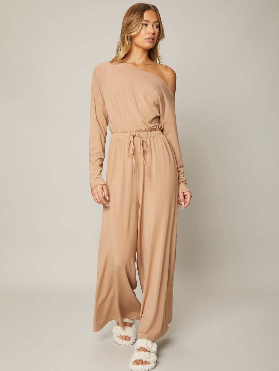 SHEIN 粘膠纖維不對稱領連身褲 - 杏色 - 查看 1