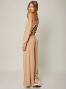 SHEIN 粘膠纖維不對稱領連身褲 - 杏色 - 查看 2