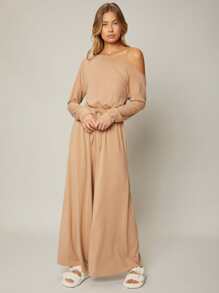 SHEIN 粘膠纖維不對稱領連身褲 - 杏色 - 查看 3