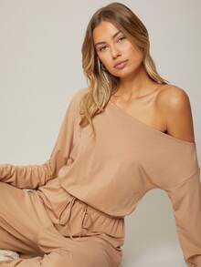 SHEIN 粘膠纖維不對稱領連身褲 - 杏色 - 查看 4