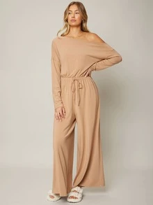 SHEIN 粘膠纖維不對稱領連身褲 - 杏色 - 查看 5