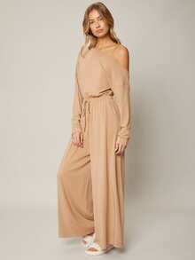 SHEIN 粘膠纖維不對稱領連身褲 - 杏色 - 查看 6