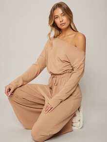 SHEIN 粘膠纖維不對稱領連身褲 - 杏色 - 查看 7