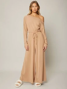 SHEIN 粘膠纖維不對稱領連身褲 - 杏色 - 查看 8