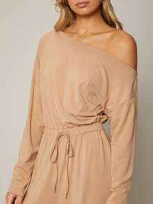 SHEIN 粘膠纖維不對稱領連身褲 - 杏色 - 查看 9