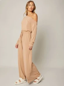 SHEIN 粘膠纖維不對稱領連身褲 - 杏色 - 查看 10