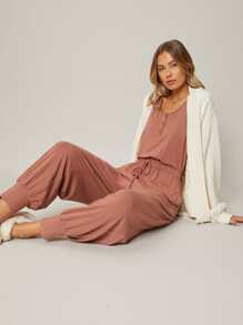 SHEIN Essnce Áo liền quần nữ Nút Dây kéo màu trơn Giải trí - Gỗ đỏ - Xem 1