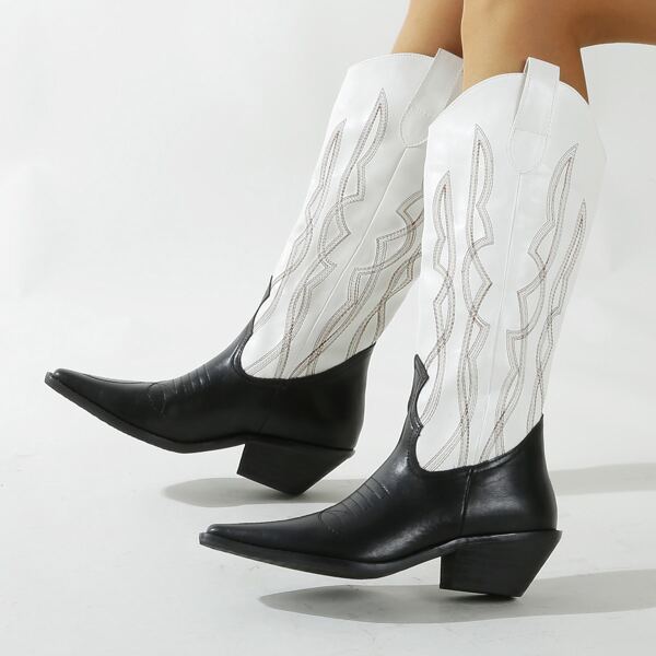 

Point Toe Embroidery Decor Chunky Boots, Black and white