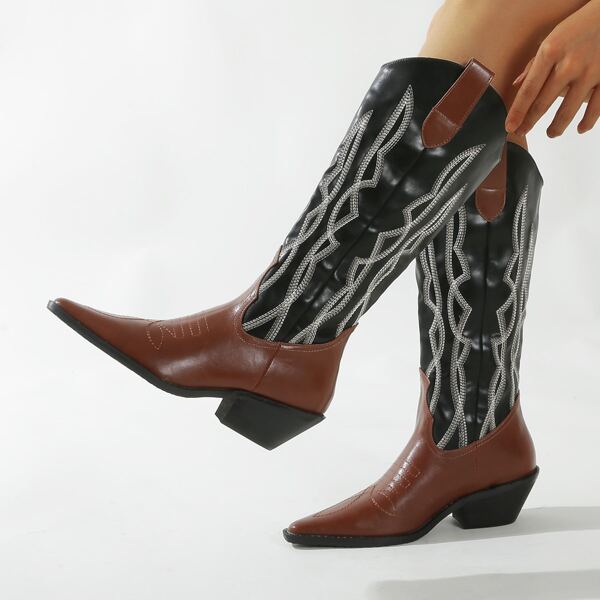 

Point Toe Embroidery Decor Chunky Boots, Multicolor