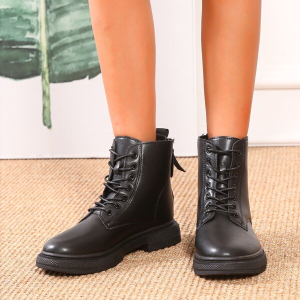 

Minimalist Lace-up Front Back Zipper Boots, Black