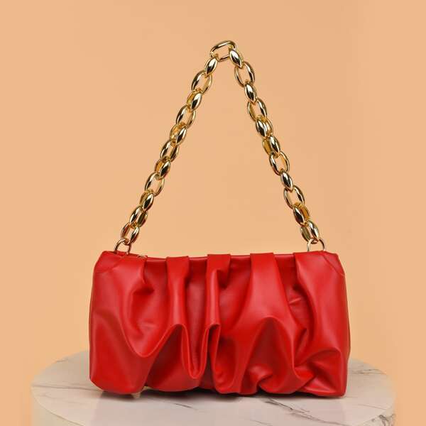 

Zip Design Chain Ruched Bag, Red