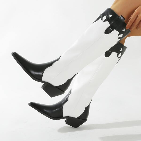 

Point Toe Two Tone Chunky Boots, Black and white