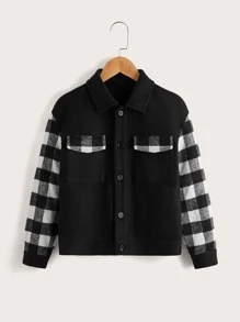 SHEIN Girls Buffalo Plaid Panel Flap Pocket Overcoat - Black - View 1