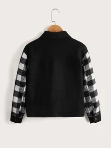 SHEIN Girls Buffalo Plaid Panel Flap Pocket Overcoat - Black - View 2