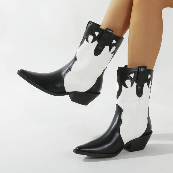

Two Tone Graphic Chunky Heeled Western Boots, Black and white