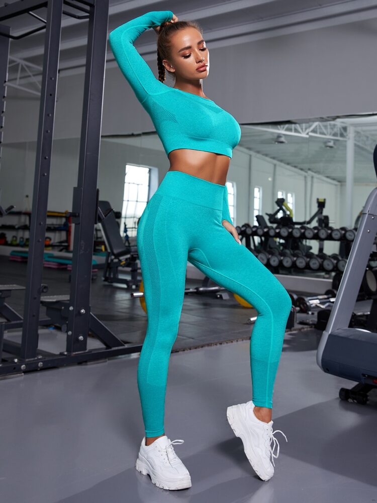 Yoga Basic 2入組無縫高彈力健身瑜伽套裝鍛煉套裝拇指孔後鏤空T恤收復褲襪 - 薄荷藍 - 查看 3