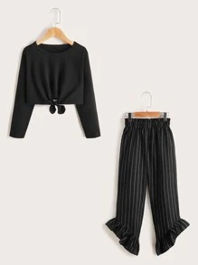 Niñas Camiseta bajo con nudo & Pantalones de rayas fruncido bajo asimétrico - Negro - Ver 1