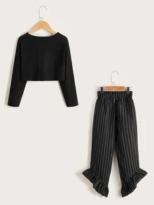 Niñas Camiseta bajo con nudo & Pantalones de rayas fruncido bajo asimétrico - Negro - Ver 2