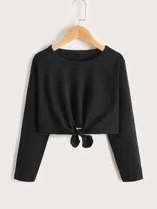 Niñas Camiseta bajo con nudo & Pantalones de rayas fruncido bajo asimétrico - Negro - Ver 10