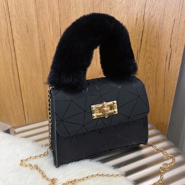 

Fuzzy Geo Graphic Flap Square Bag, Black