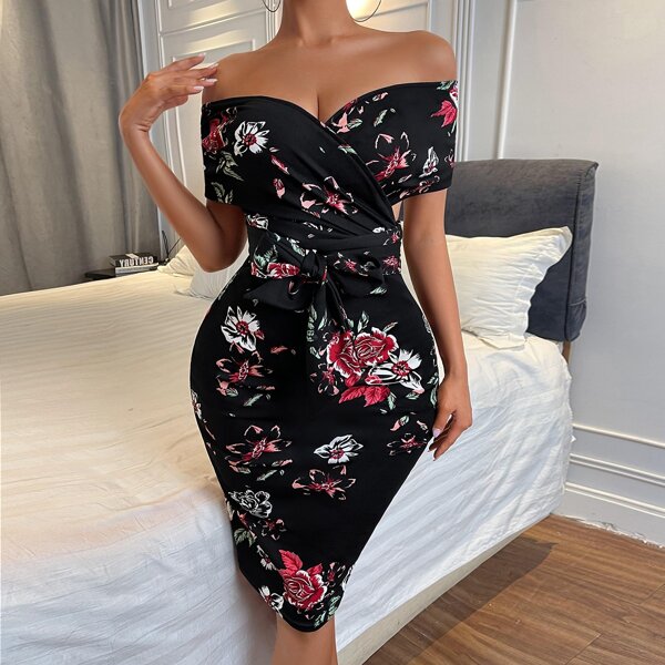 

Floral Print Off Shoulder Cut Out Tie Front Bodycon Dress, Black