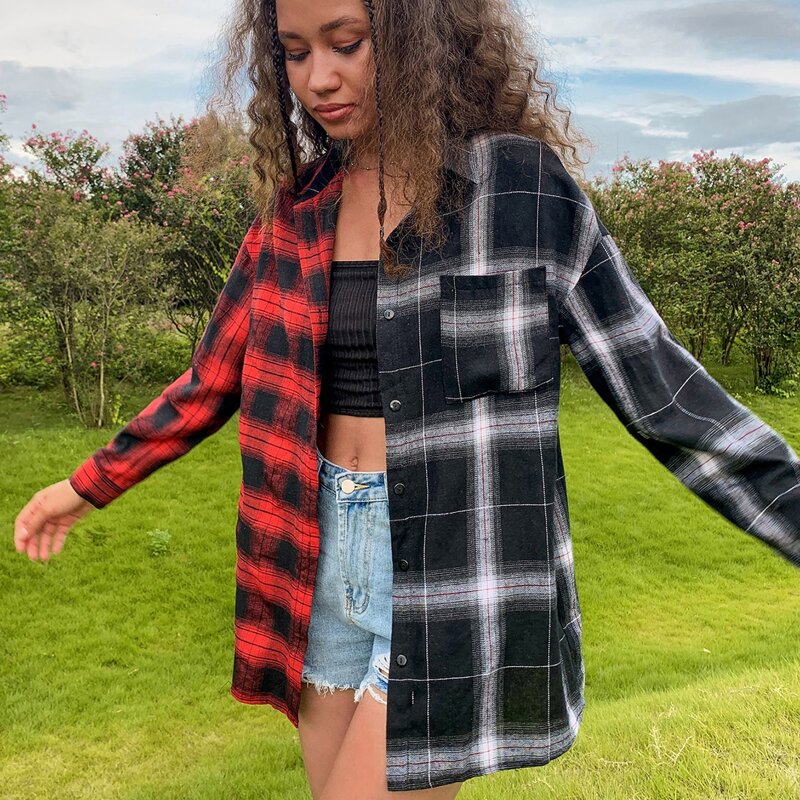 

Plaid Colorblock Button Front Pocket Blouse, Multicolor