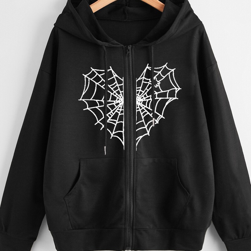 

Spider Web Print Drawstring Hoodie, Black