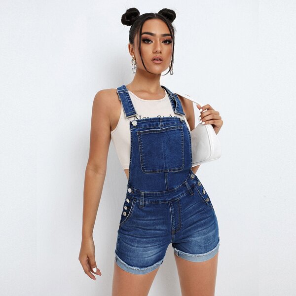 

Roll Up Hem Denim Overall Romper, Medium wash