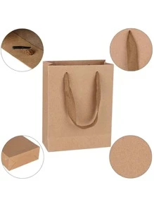5pcs Solid Color Gift Bag, Simple Portable Paper Gift Bag For Birthday Party Valentine Day - Khaki - View 3