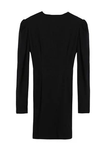 Gaun Bodycon Berkerut dengan Leher Surplice Polos - Hitam - View 4