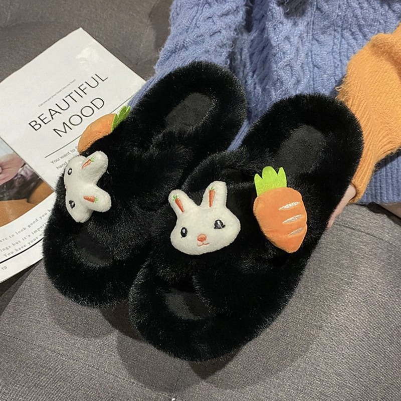 

Rabbit Decor Fluffy Slippers, Black