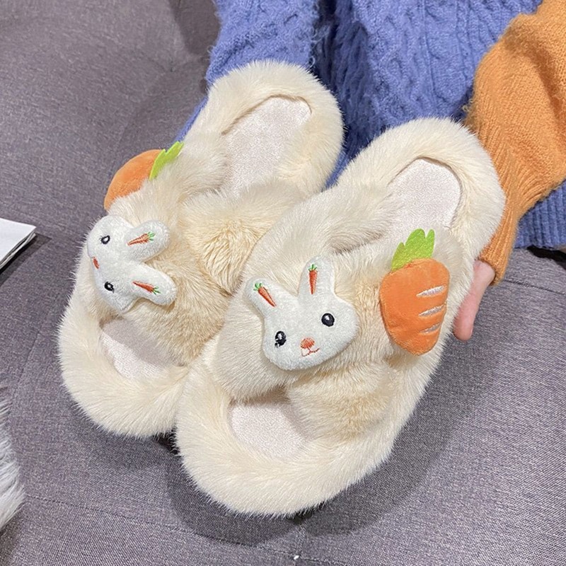 

Rabbit Decor Fluffy Slippers, Beige