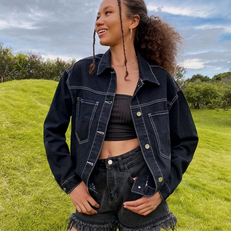 

Stitching Trim Button Front Pocket Denim Jacket, Black