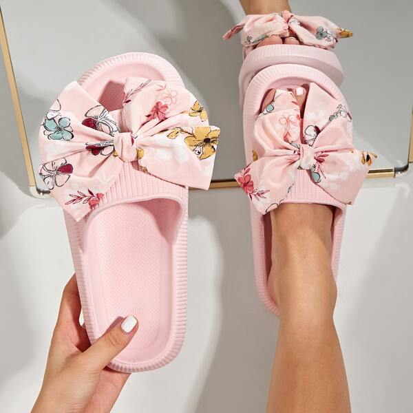 

Bow Decor Wide Fit Slides, Pink