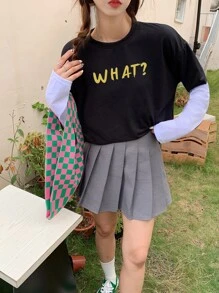 Contrast Sleeve Letter Graphic Tee - Black - View 1