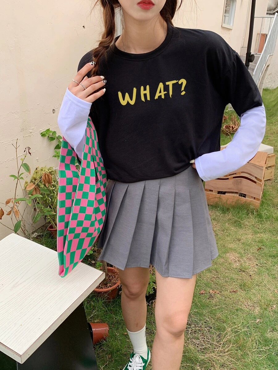 Contrast Sleeve Letter Graphic Tee - Black - View 1
