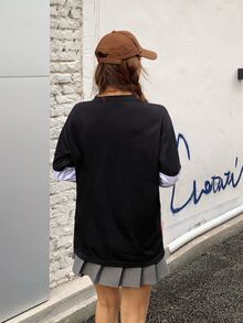 Contrast Sleeve Letter Graphic Tee - Black - View 2