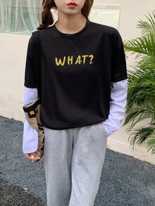 Contrast Sleeve Letter Graphic Tee - Black - View 3