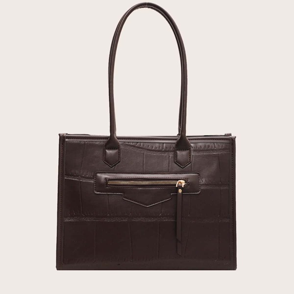 

Textured Zip Front Shoulder Tote Bag, Coffee brown